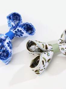 2入組女孩花卉刺繡蝴蝶結裝飾鴨嘴夾適用於頭髮裝飾用品 - 彩色 - 查看 3