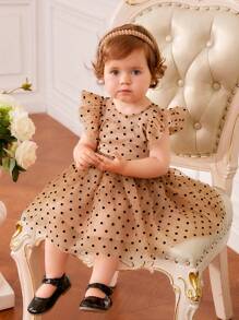 SHEIN Em bé Cô gái vui tươi Chấm bi Lưới tay áo lá sen Lỏng lẻo Váy công chúa - Nhiều màu - Xem 3