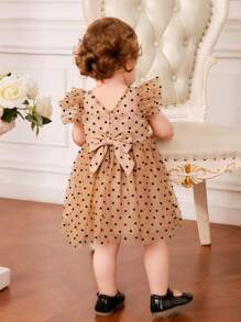 SHEIN Em bé Cô gái vui tươi Chấm bi Lưới tay áo lá sen Lỏng lẻo Váy công chúa - Nhiều màu - Xem 4