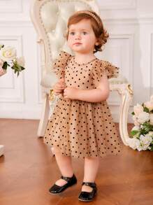 SHEIN Em bé Cô gái vui tươi Chấm bi Lưới tay áo lá sen Lỏng lẻo Váy công chúa - Nhiều màu - Xem 5