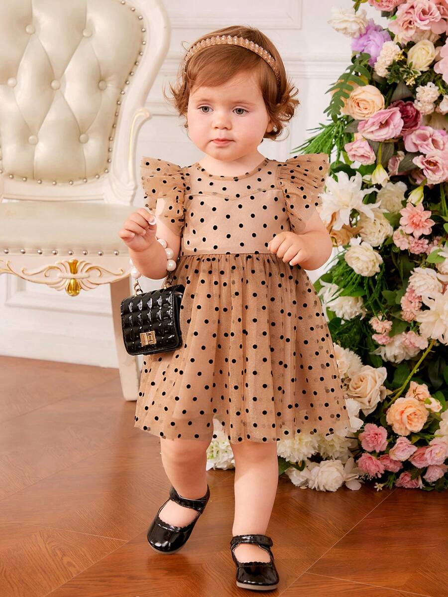 SHEIN Em bé Cô gái vui tươi Chấm bi Lưới tay áo lá sen Lỏng lẻo Váy công chúa - Nhiều màu - Xem 1