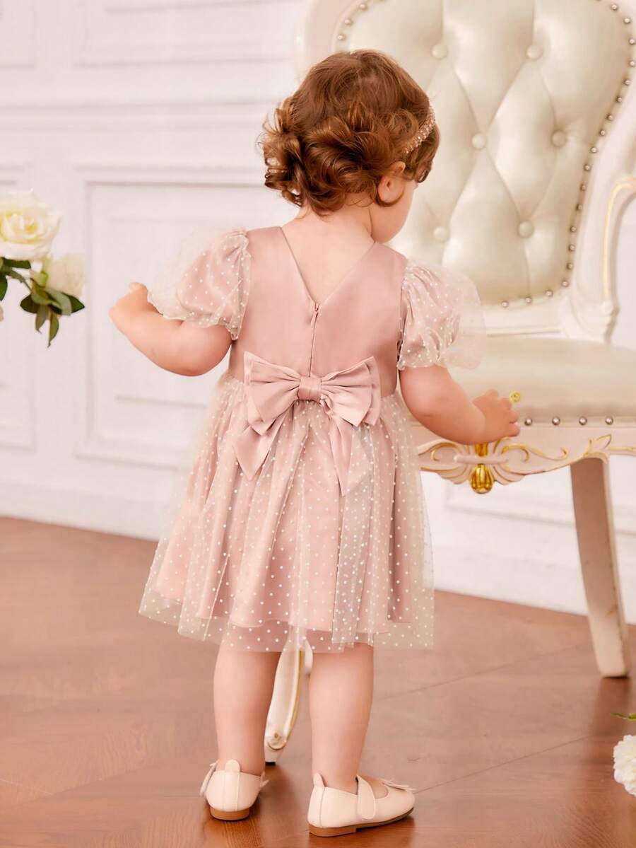 SHEIN Baby Girl Dobby Mesh Overlay Puff Sleeve Bow Back Dress - Pink - View 1