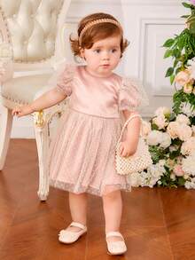 SHEIN Baby Girl Dobby Mesh Overlay Puff Sleeve Bow Back Dress - Pink - View 2