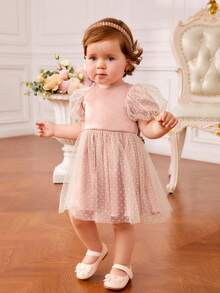 SHEIN Baby Girl Dobby Mesh Overlay Puff Sleeve Bow Back Dress - Pink - View 3