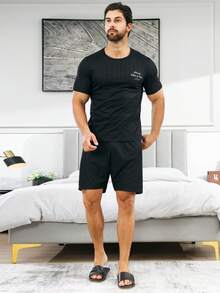 Men Slogan Graphic PJ Set - Black - View 3