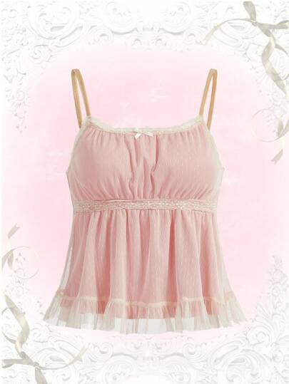Kawaii Contrast Mesh Ruffle Hem Babydoll Cami Top, School