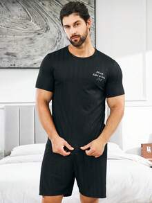 Men Slogan Graphic PJ Set - Black - View 4