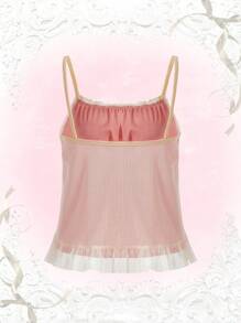 ROMWE Kawaii Contrast Mesh Ruffle Hem Babydoll Cami Top, School - Pink - View 2