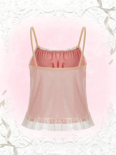 ROMWE Kawaii Lưới tương phản Ruffle Hem Babydoll Cami Top, School