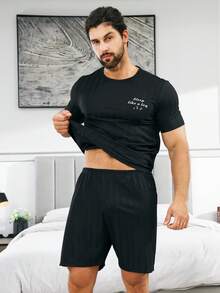 Men Slogan Graphic PJ Set - Black - View 5