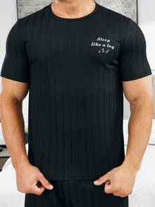 Men Slogan Graphic PJ Set - Black - View 7