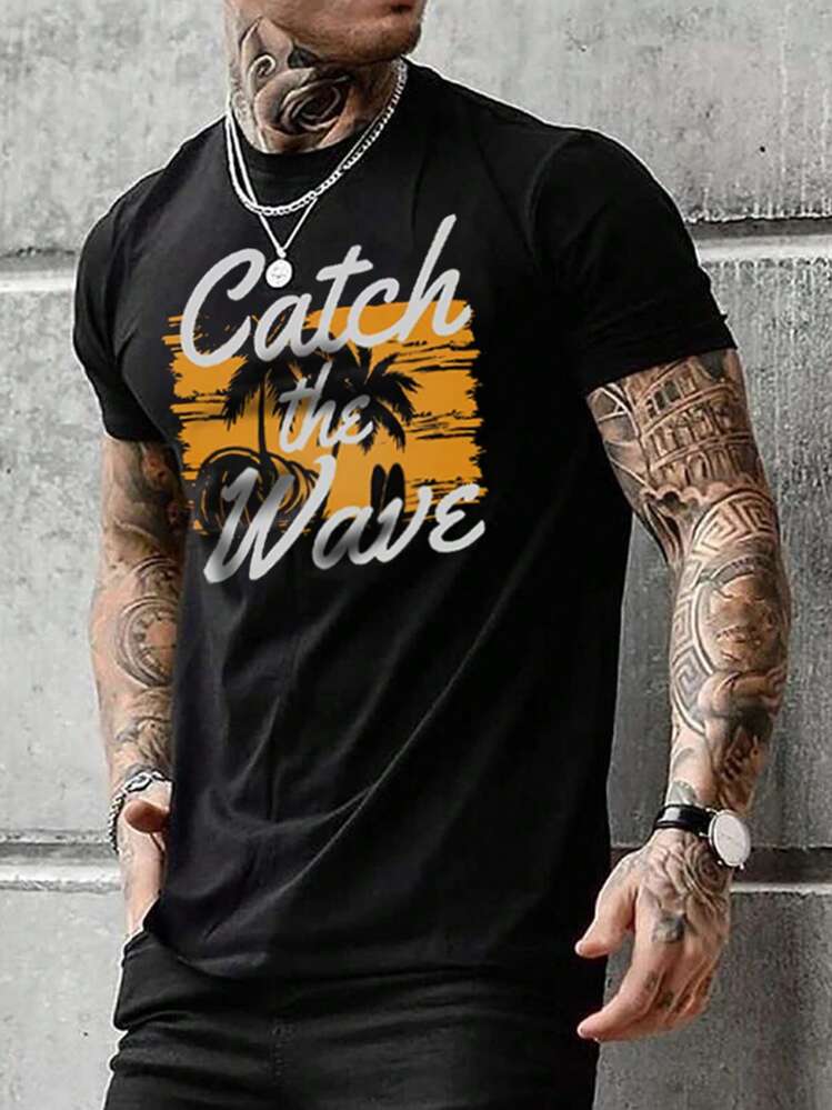 Men Tropical & Letter Graphic Tee - Black - View 1