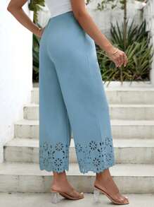 SHEIN Maternity Adjustable Waist Laser Cut Scallop Trim Wide Leg Pants - Baby Blue - View 2