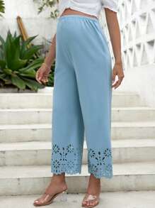 SHEIN Maternity Adjustable Waist Laser Cut Scallop Trim Wide Leg Pants - Baby Blue - View 3