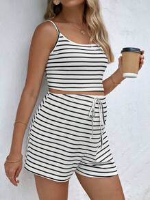 SHEIN Maternity Striped Cami Top & Knot Waist Shorts - White - View 4