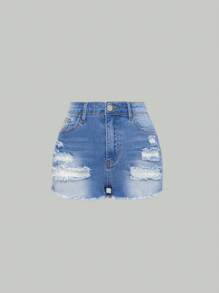 SHEIN Bé Gái Quần Shorts Denim Nút Túi Dây kéo Hem thô Bị tách màu trơn - Rửa nhẹ - Xem 1