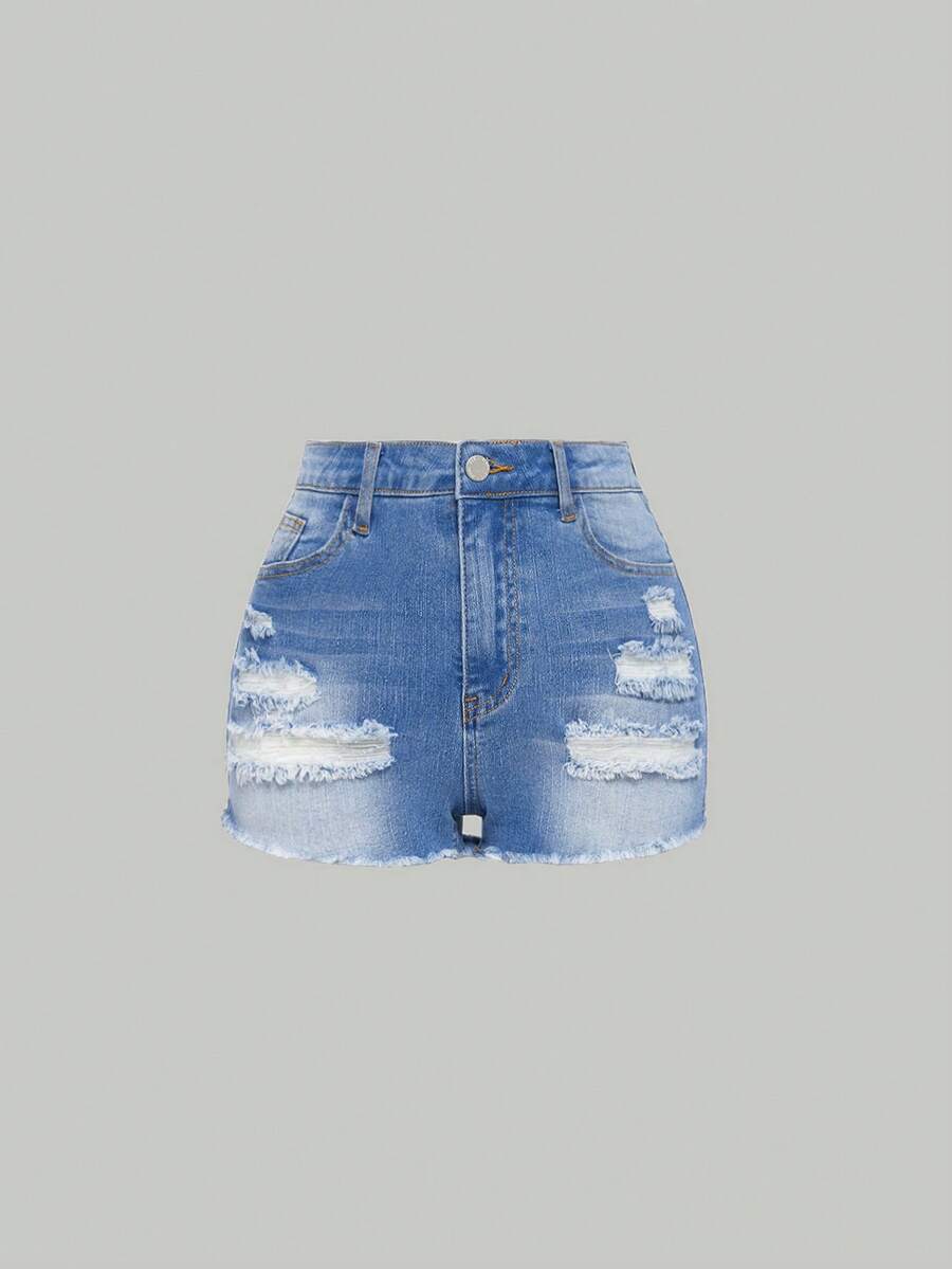 SHEIN Bé Gái Quần Shorts Denim Nút Túi Dây kéo Hem thô Bị tách màu trơn - Rửa nhẹ - Xem 1