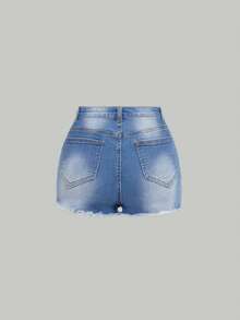 SHEIN Bé Gái Quần Shorts Denim Nút Túi Dây kéo Hem thô Bị tách màu trơn - Rửa nhẹ - Xem 2