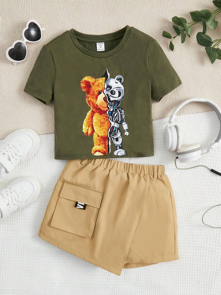 SHEIN 女孩小熊印花T恤和翻蓋口袋不對稱下擺裙裤 - 彩色 - 查看 1