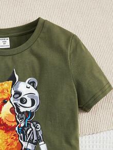 SHEIN 女孩小熊印花T恤和翻蓋口袋不對稱下擺裙裤 - 彩色 - 查看 3