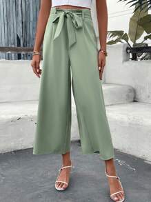 SHEIN VCAY Solid Belted Wide Leg Trousers - Green - View 2