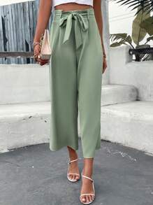 SHEIN VCAY Solid Belted Wide Leg Trousers - Green - View 1