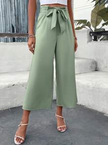 SHEIN VCAY Solid Belted Wide Leg Trousers - Green - View 4