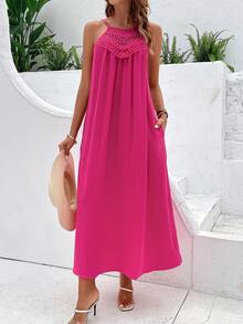 SHEIN VCAY Guipure Lace Panel Hidden Pocket Cami Dress - Hot Pink - View 4