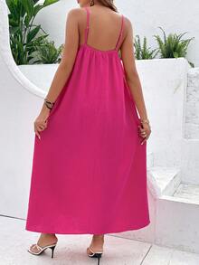 SHEIN VCAY Guipure Lace Panel Hidden Pocket Cami Dress - Hot Pink - View 2