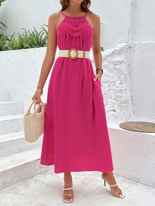 SHEIN VCAY Guipure Lace Panel Hidden Pocket Cami Dress - Hot Pink - View 3