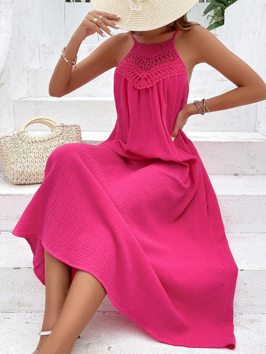 SHEIN VCAY Guipure Lace Panel Hidden Pocket Cami Dress - Hot Pink - View 1