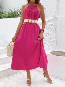 SHEIN VCAY Guipure Lace Panel Hidden Pocket Cami Dress - Hot Pink - View 5