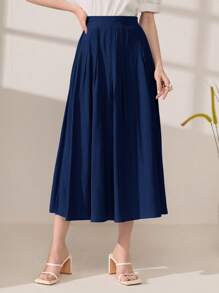 Mulvari Váy nữ Dây kéo Uốn nếp màu trơn Giải trí - Màu xanh hải quân - Xem 4