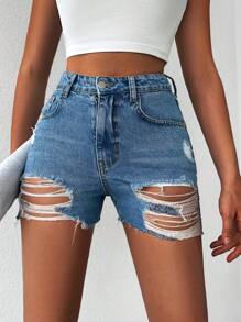 RueChic Ripped Raw Hem Denim Shorts - Medium Wash - View 1