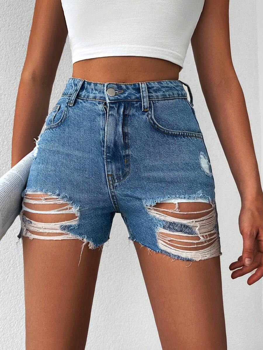 RueChic Ripped Raw Hem Denim Shorts - Medium Wash - View 1