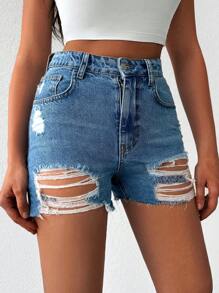 RueChic Ripped Raw Hem Denim Shorts - Medium Wash - View 3