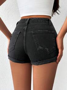 RueChic 破洞卷邊牛仔短褲 - 黑色 - 查看 2