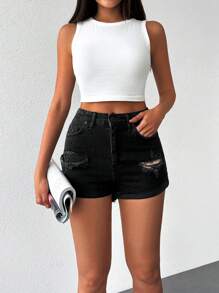 RueChic 破洞卷邊牛仔短褲 - 黑色 - 查看 5