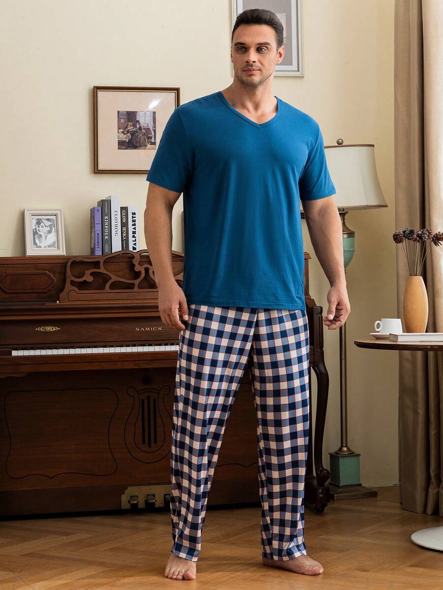 Hombres Camiseta unicolor & con estampado de cuadros Pantalones Conjunto de pijama - Multicolor - Ver 1