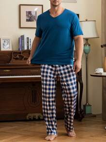Hombres Camiseta unicolor & con estampado de cuadros Pantalones Conjunto de pijama - Multicolor - Ver 3
