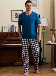 Hombres Camiseta unicolor & con estampado de cuadros Pantalones Conjunto de pijama - Multicolor - Ver 4