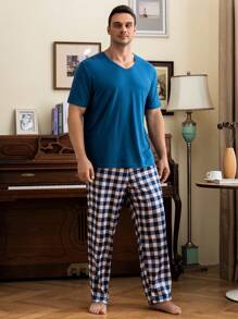 Hombres Camiseta unicolor & con estampado de cuadros Pantalones Conjunto de pijama - Multicolor - Ver 5