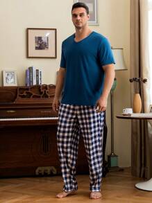 Hombres Camiseta unicolor & con estampado de cuadros Pantalones Conjunto de pijama - Multicolor - Ver 6