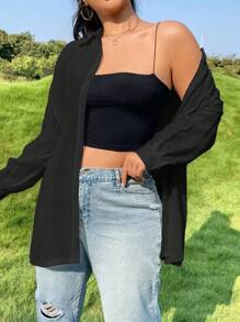 SHEIN EZwear 休閒前紐扣純色加大襯衫 - 黑色 - 查看 5