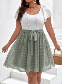 SHEIN CURVE+ 大尺碼女士時尚露肩短袖連衣裙,配腰帶中空設計 - 薄荷綠 - 查看 1