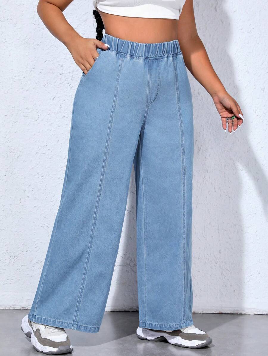 SHEIN EZwear Quần Denim kích thước lớn Túi màu trơn - Rửa nhẹ - Xem 1