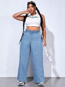 SHEIN EZwear Quần Denim kích thước lớn Túi màu trơn - Rửa nhẹ - Xem 2