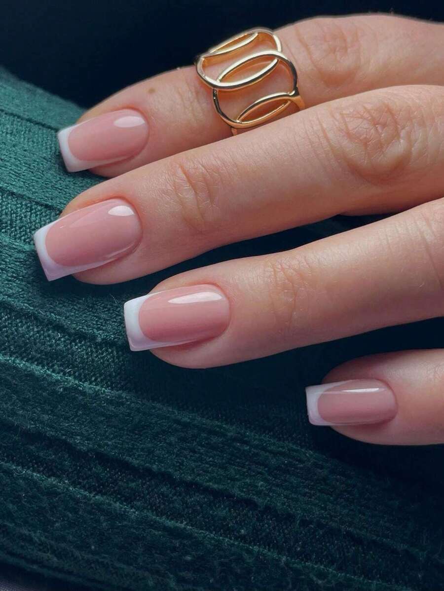 24入組經典法式風格長棺形雙色假指甲＆1片膠帶＆1支指甲檔，壓克力假指甲套裝，美甲用品