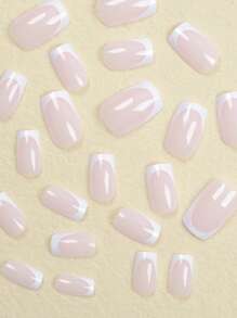 24入組經典法式風格長棺形雙色假指甲＆1片膠帶＆1支指甲檔，壓克力假指甲套裝，美甲用品