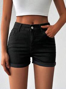EURMUSE Roll Up Hem Denim Shorts - Black - View 1